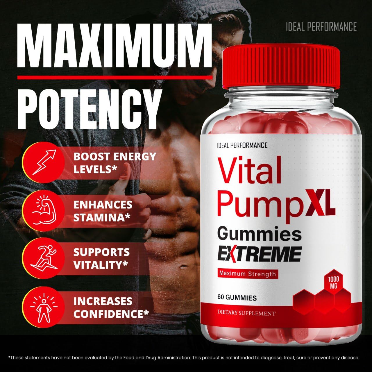 IDEAL PERFORMANCE Vital PumpXL Gummies close-up, soft texture and natural formulation for daily vitality.