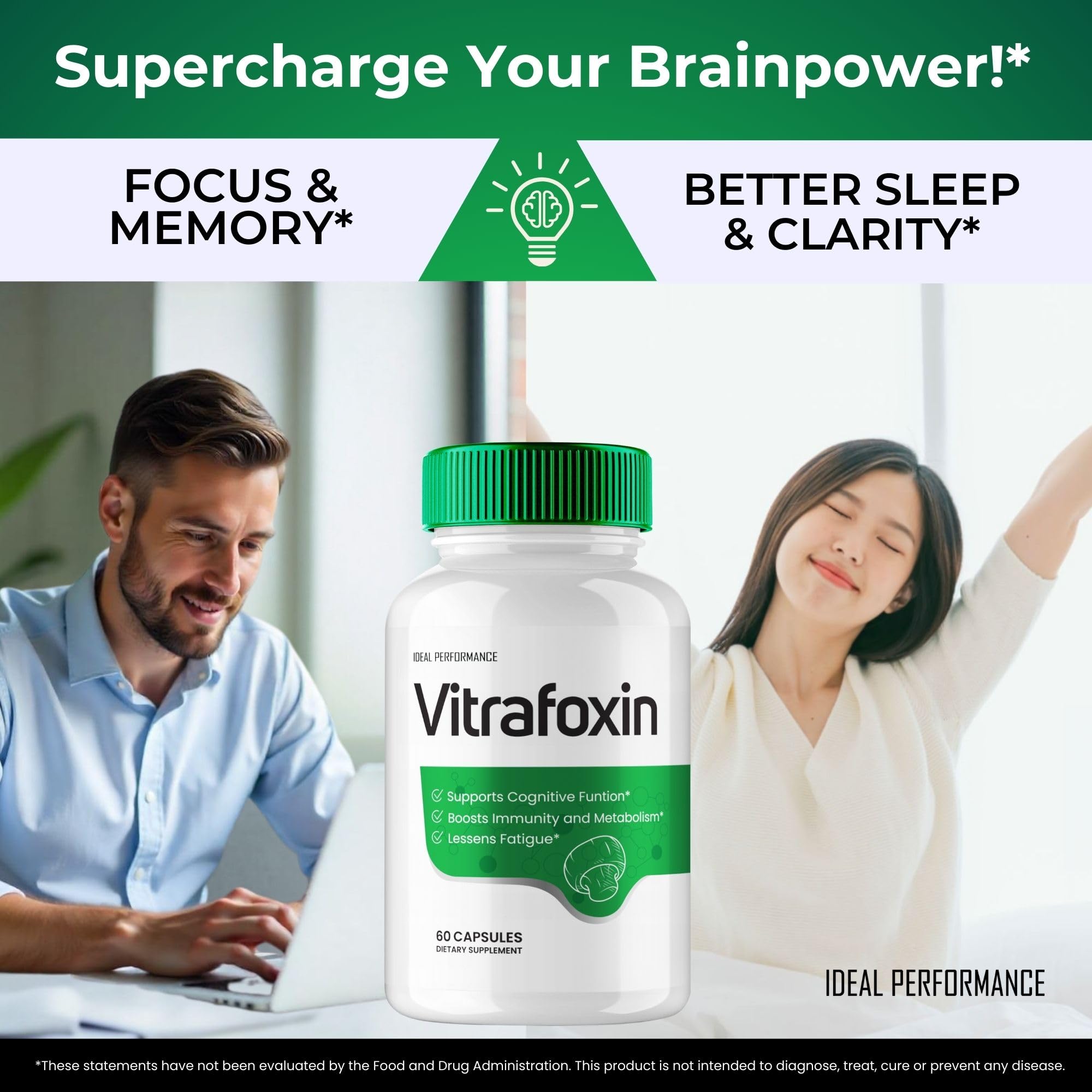 IDEAL PERFORMANCE Vitrafoxin capsules lifestyle scene suggests on-the-go nerve care.