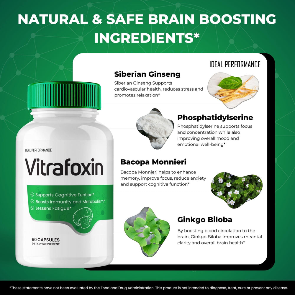IDEAL PERFORMANCE Vitrafoxin capsules packaging emphasizes value and dosage.