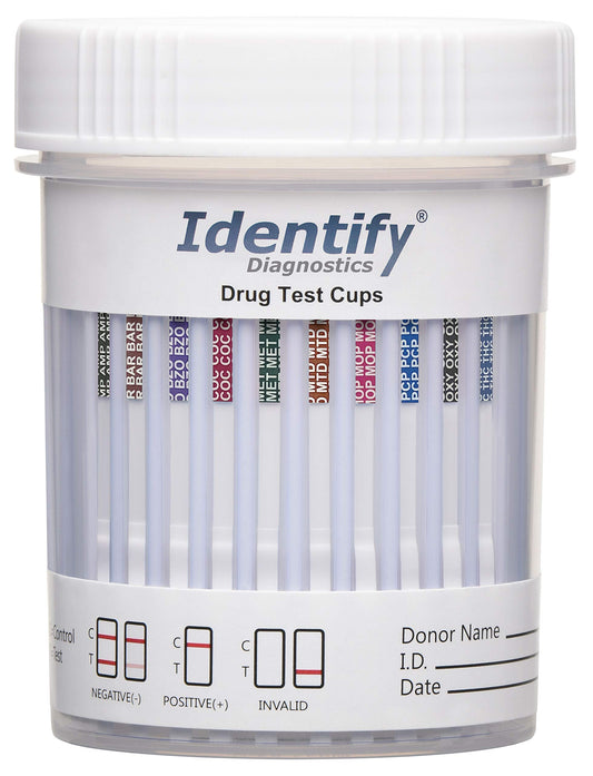 Identify Diagnostics drug test cup with 10-panel screen for quick results.