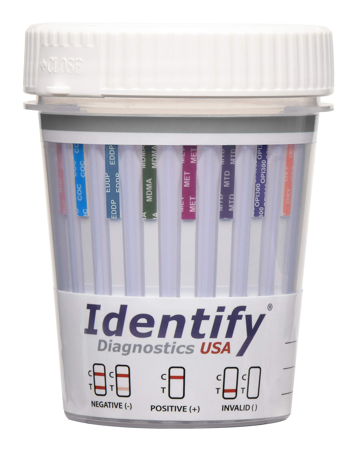 Identify Diagnostics USA 14-panel drug screen cup enabling rapid multi-substance testing.