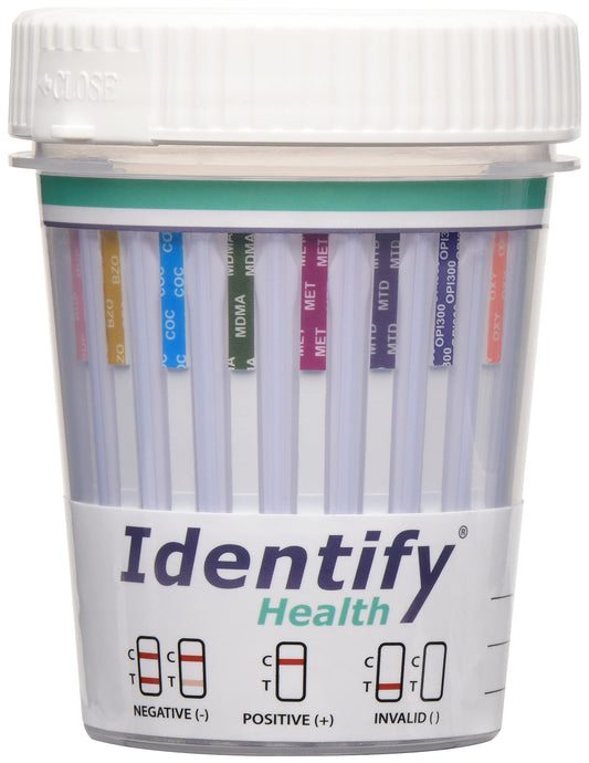 Identify Health 12-panel drug test cup with temperature strip for quick verification.