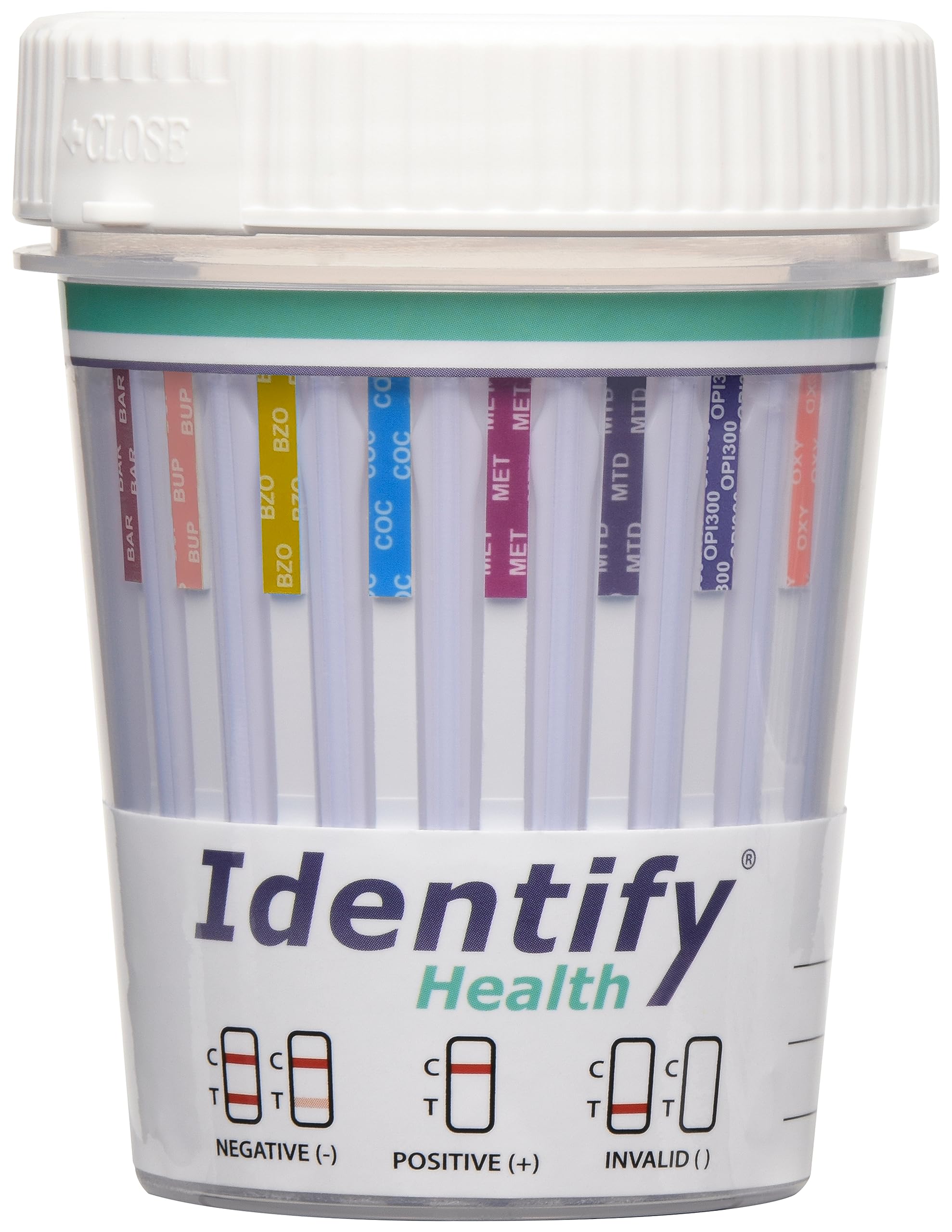 Identify Health 9-panel test cup showing cocaine detection for quick at-home screening.