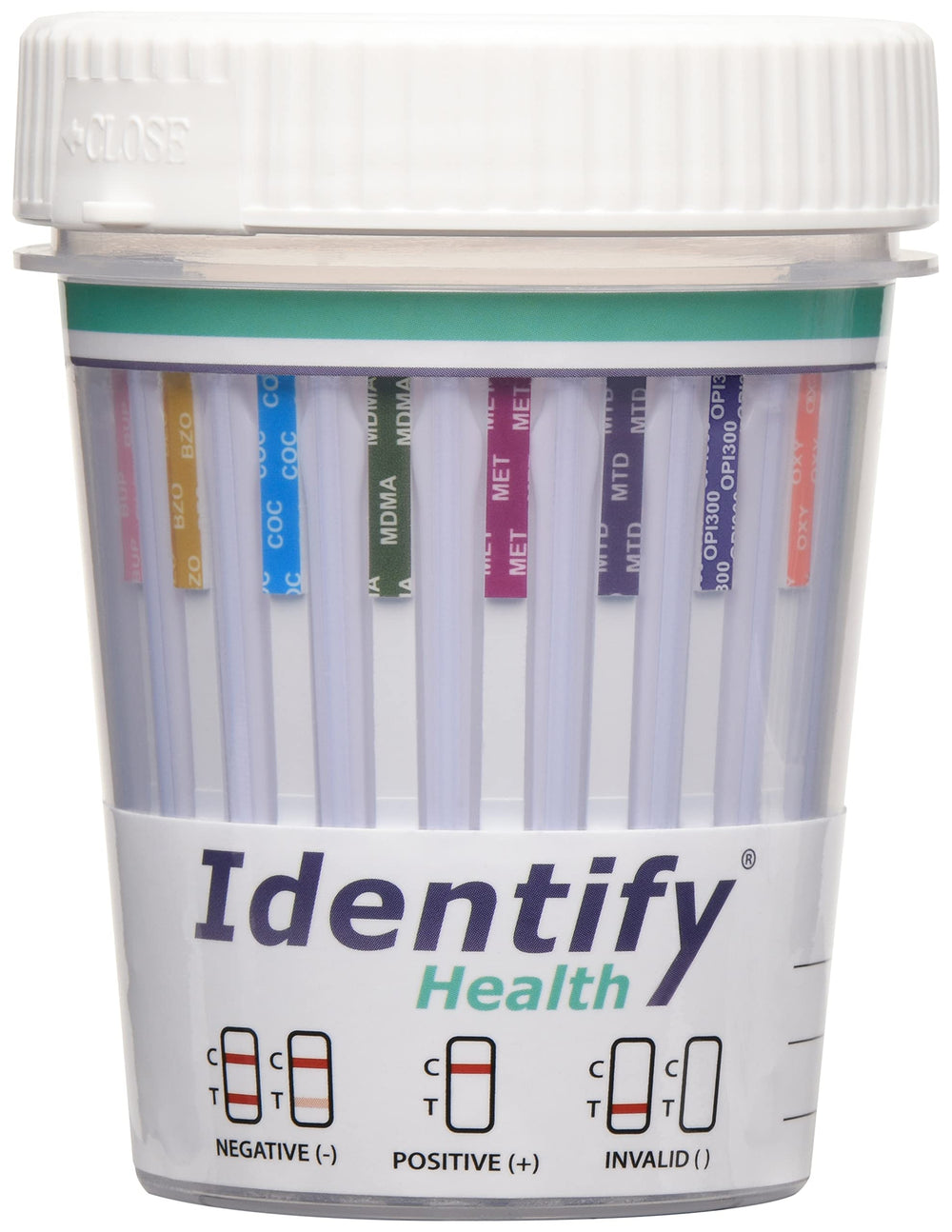Identify Health 12-panel drug screen cup front view enables quick screening for workplaces.