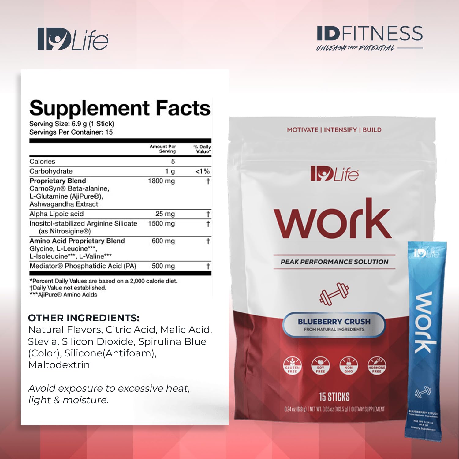 IDLife Blueberry Crush Work-15 Sticks open pack ready for quick boost