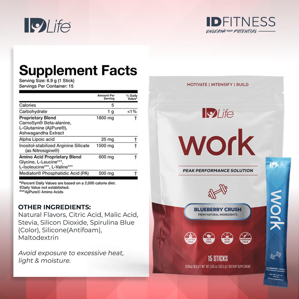 IDLife Blueberry Crush Work-15 Sticks open pack ready for quick boost