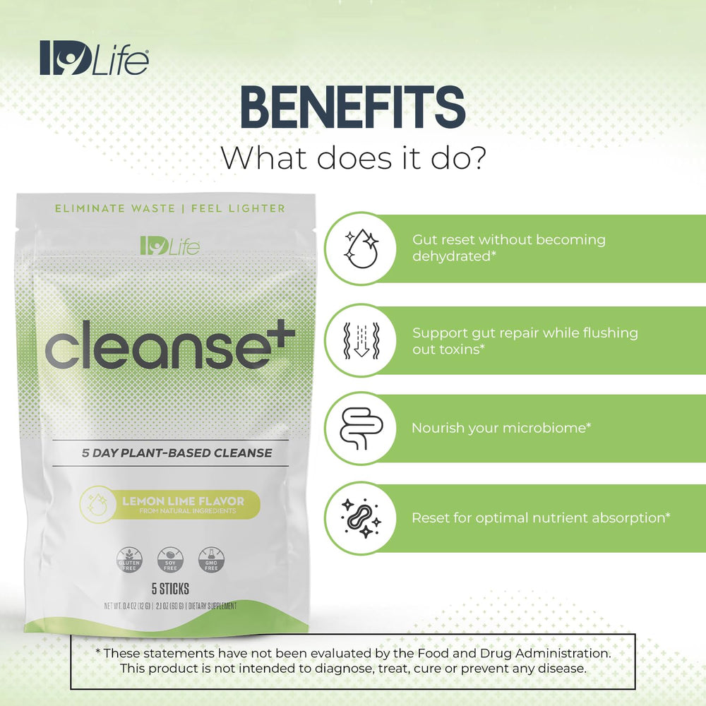 IDLife Cleanse+ sticks packaging illustrates a convenient five-day program.