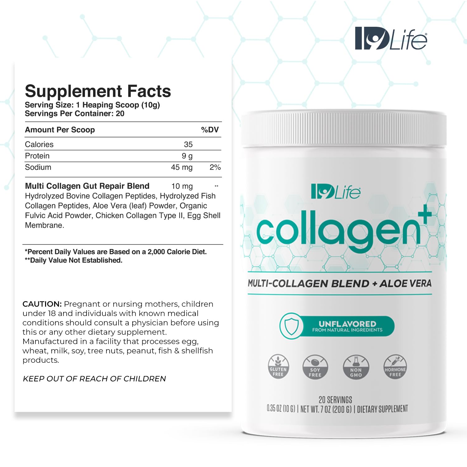 IDLife Collagen+ powder tub showing flavorless multi-collagen blend.