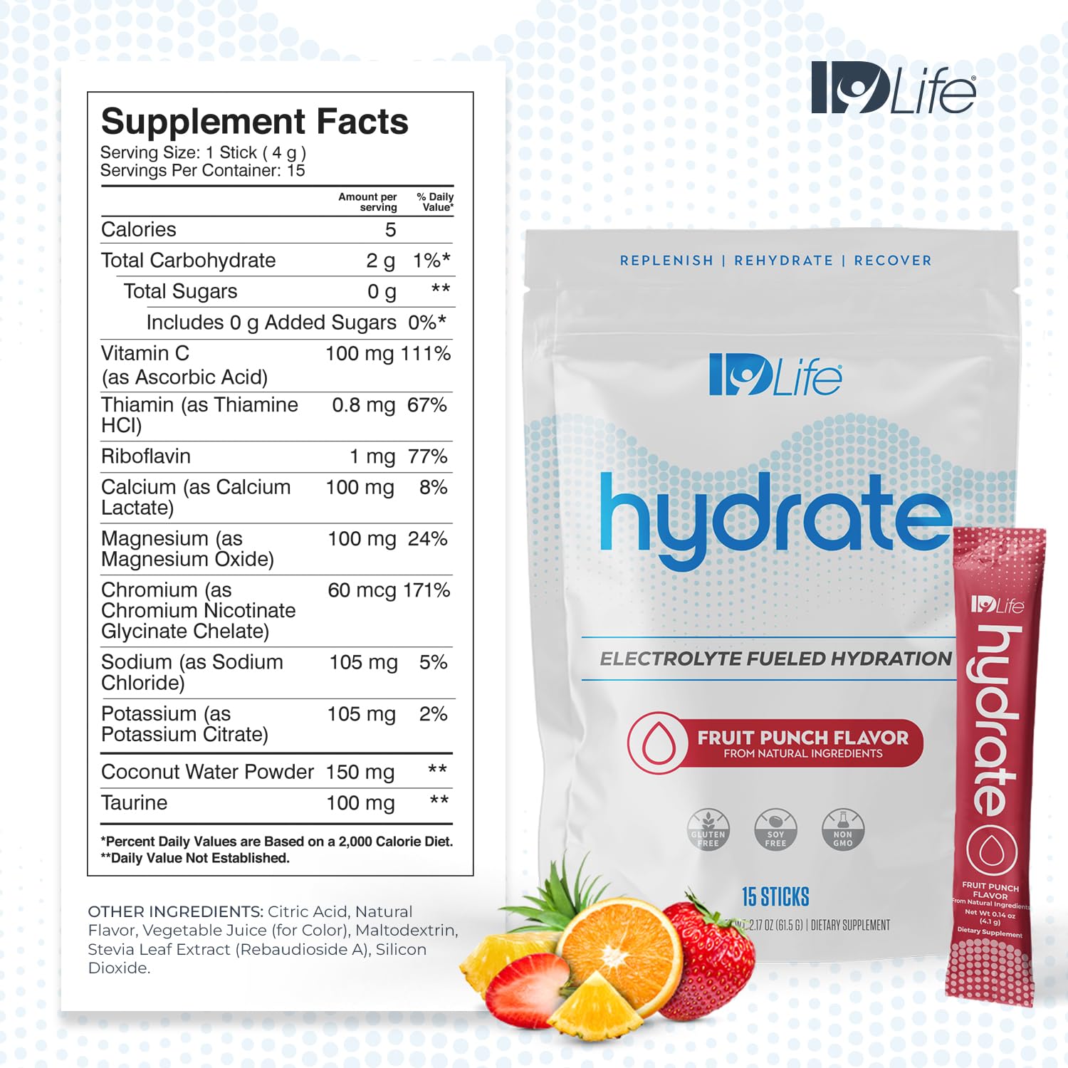 A glass of IDLife Fruit Punch Hydrate ready to replenish electrolytes after training.