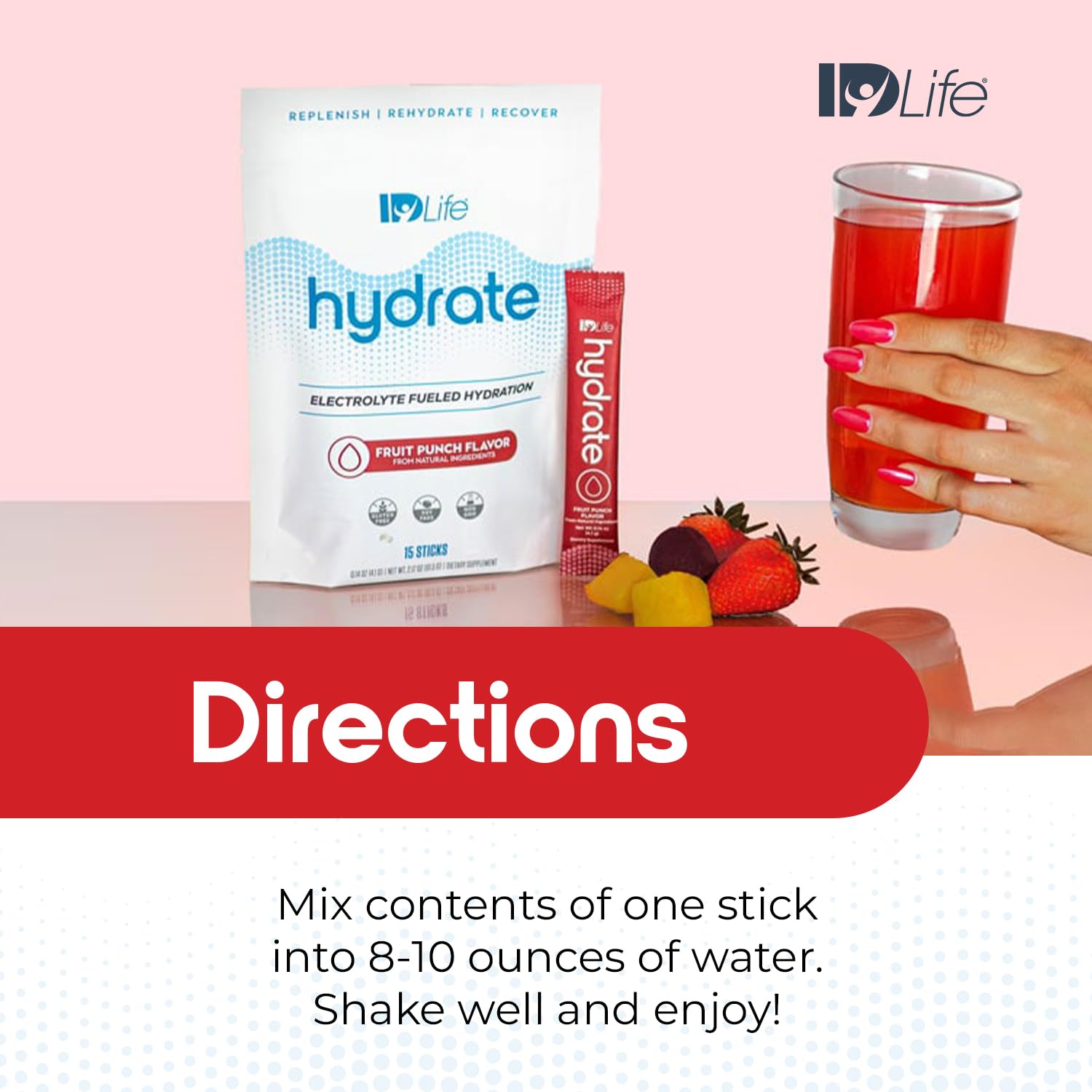 IDLife Fruit Punch Hydrate on a kitchen counter with a bottle for daily hydration.