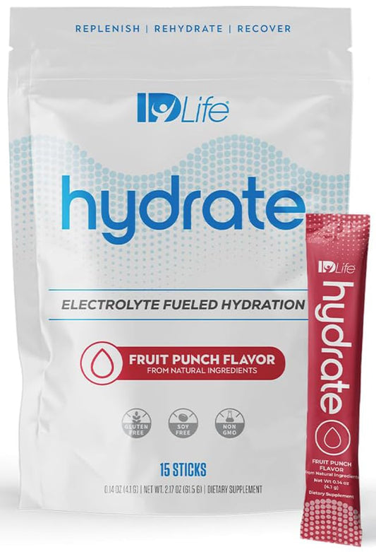 IDLife Fruit Punch Hydrate sachet poured to fuel active hydration during workouts.