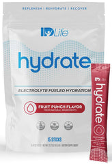 IDLife Fruit Punch Hydrate sachet poured to fuel active hydration during workouts.