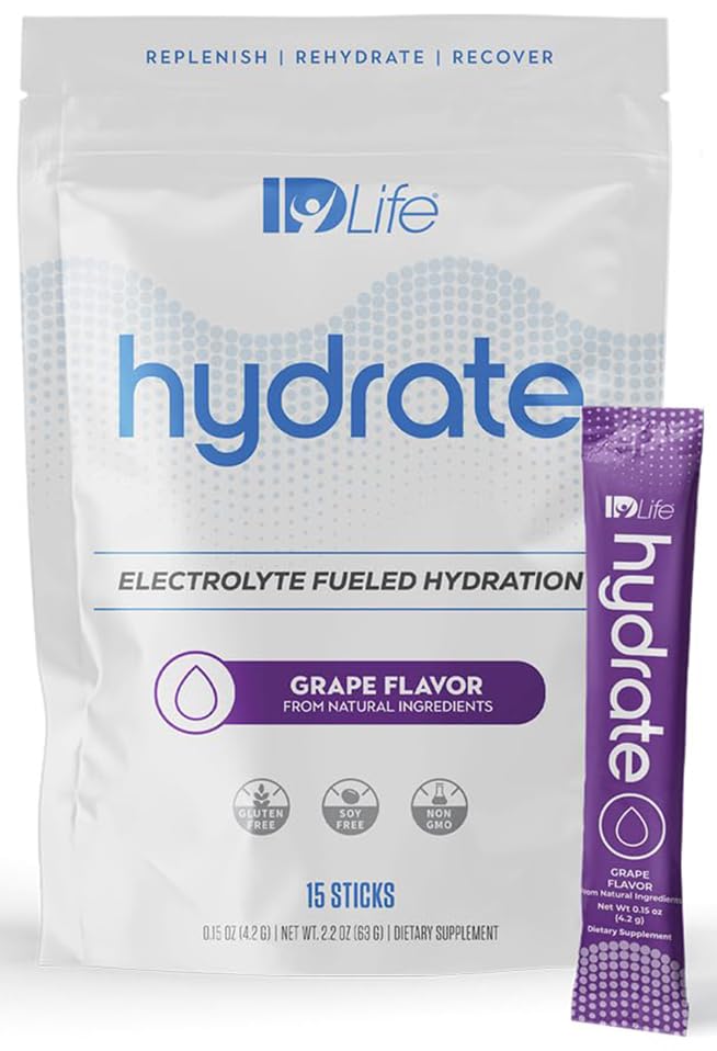 IDLife Grape Hydrate powder stick dissolving in water for refreshing hydration.