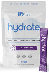 IDLife Grape Hydrate powder stick dissolving in water for refreshing hydration.