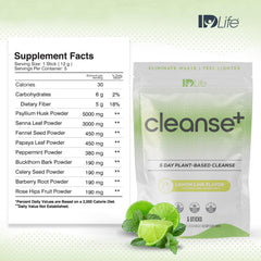 IDLife Lemon-Lime Cleanse+ powder being poured for a refreshing gut reset.