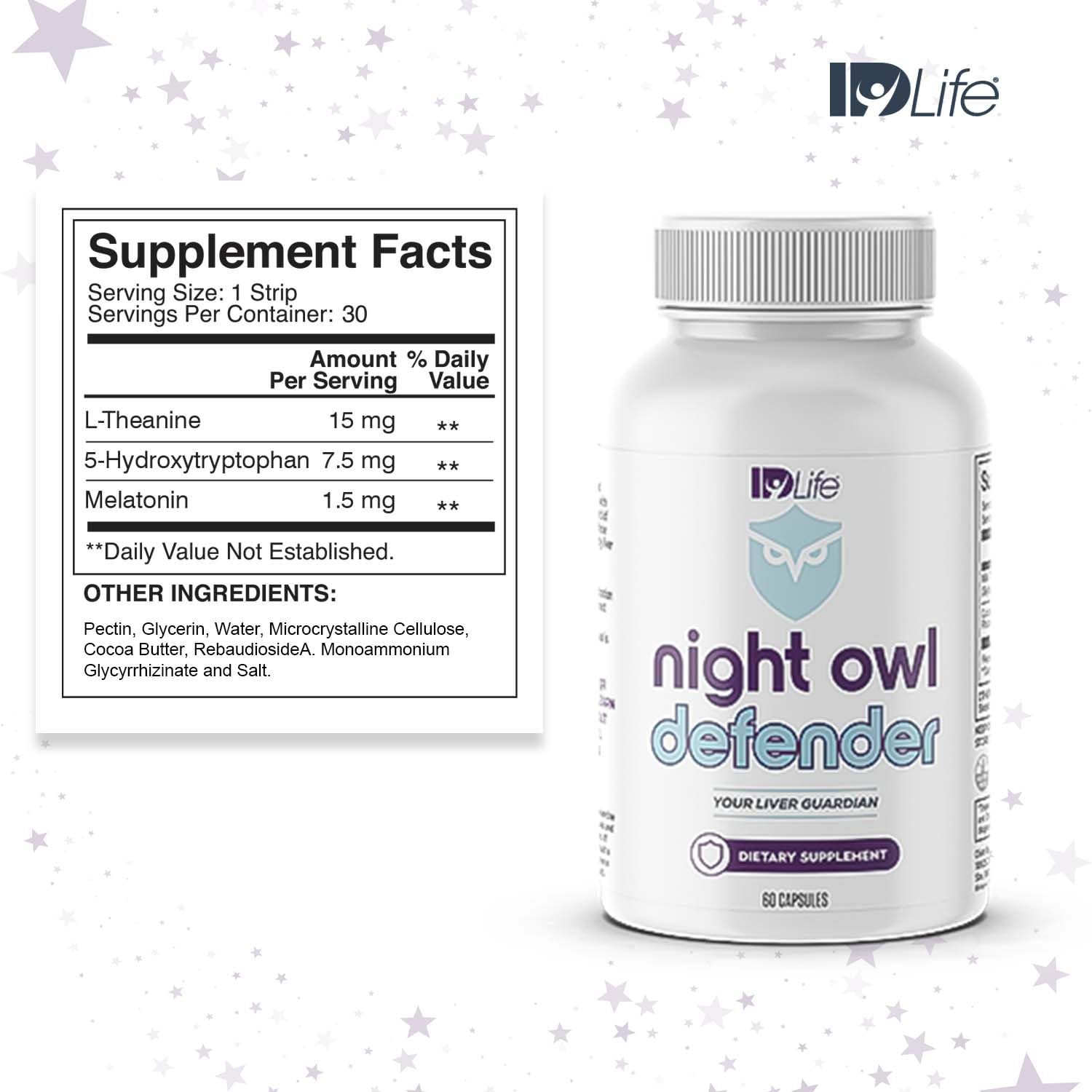 IDLife Night Owl Defender capsules close-up for convenient evening wellness.