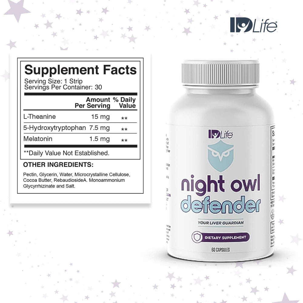 IDLife Night Owl Defender capsules close-up for convenient evening wellness.