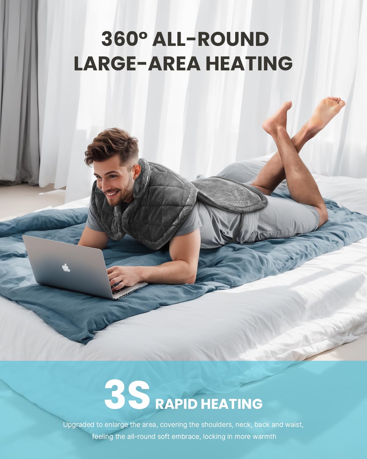 360-degree heating surrounds neck, shoulders, and upper back.