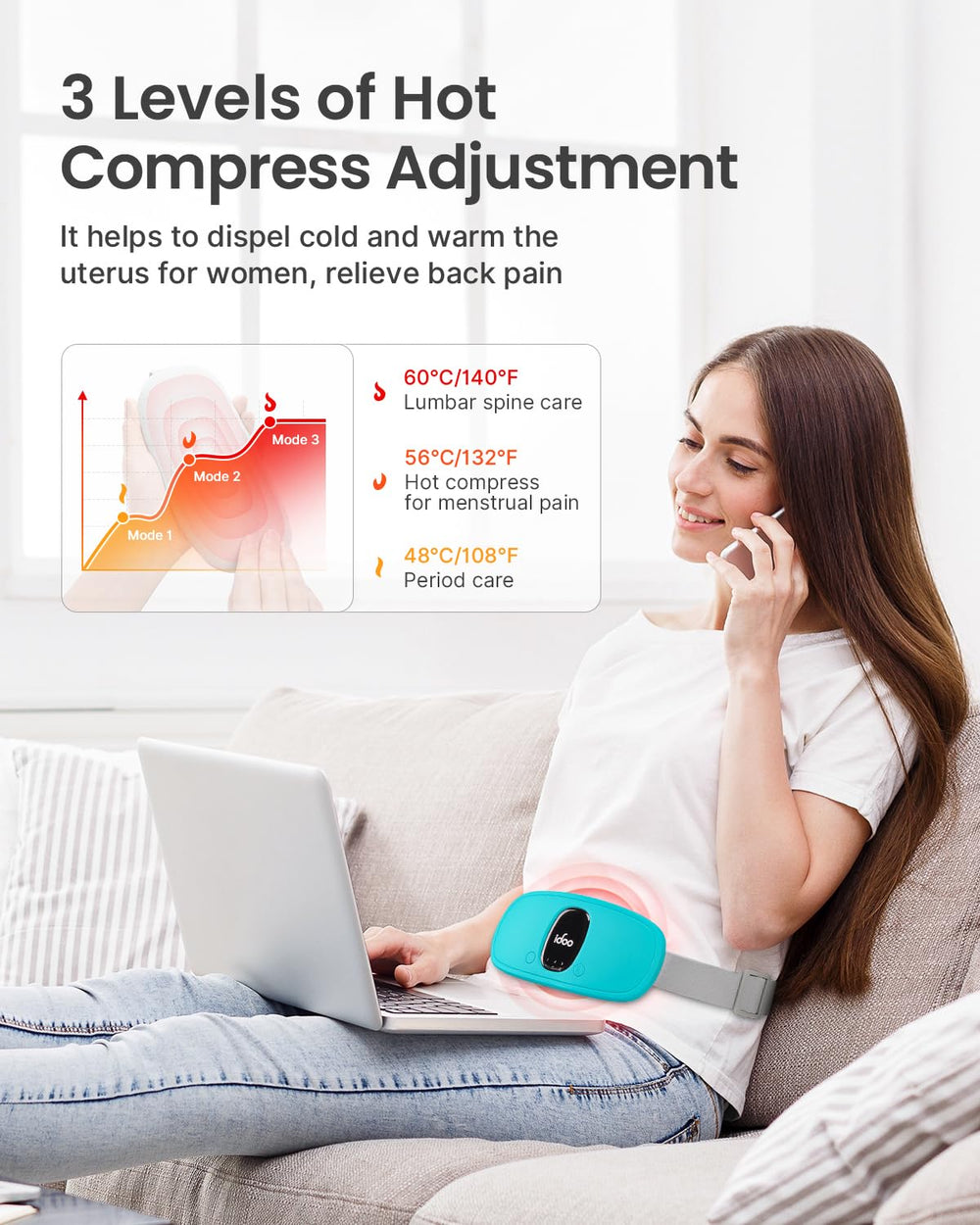 iDOO cordless wearable belt for on-the-go cramps relief.