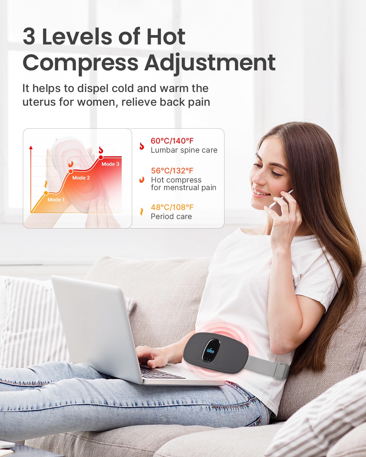 iDOO period heating pad wrapped with belt demonstrates adjustable fit for different waists.
