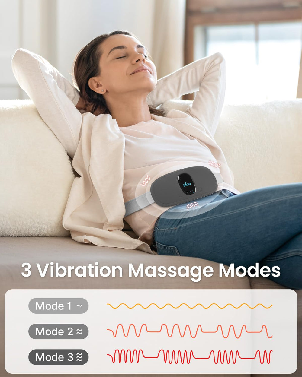 iDOO period heating pad control panel with 3 heat levels for customizable warmth.