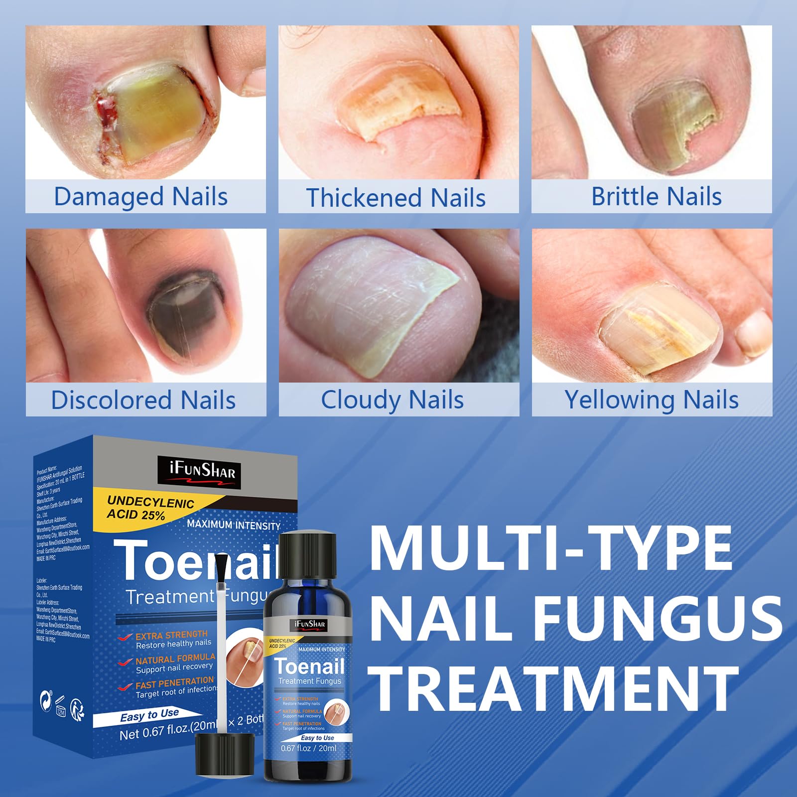 IFUNSHAR bottle shows 25% undecylenic acid formula for nails.