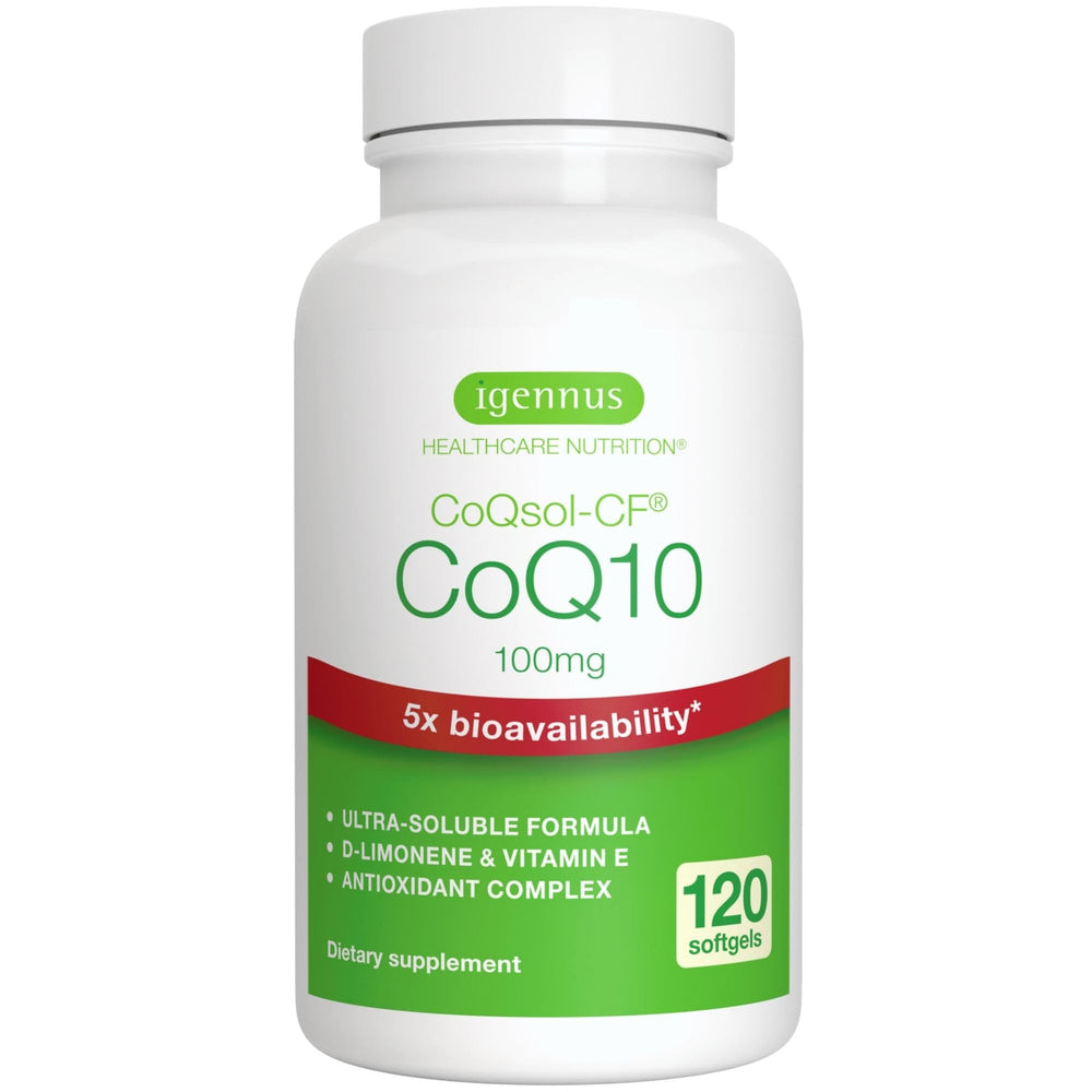 Igennus Advanced CoQ10 bottle on a clean desk for daily support.