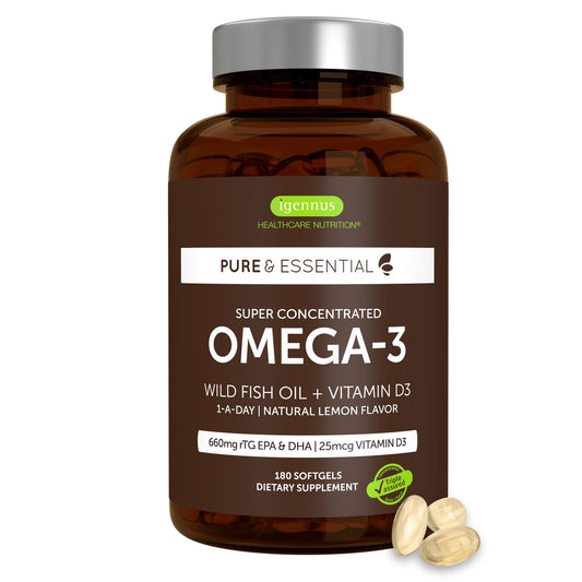 Igennus Advanced rTG Omega-3 bottle front highlighting high EPA+DHA dose for daily use.