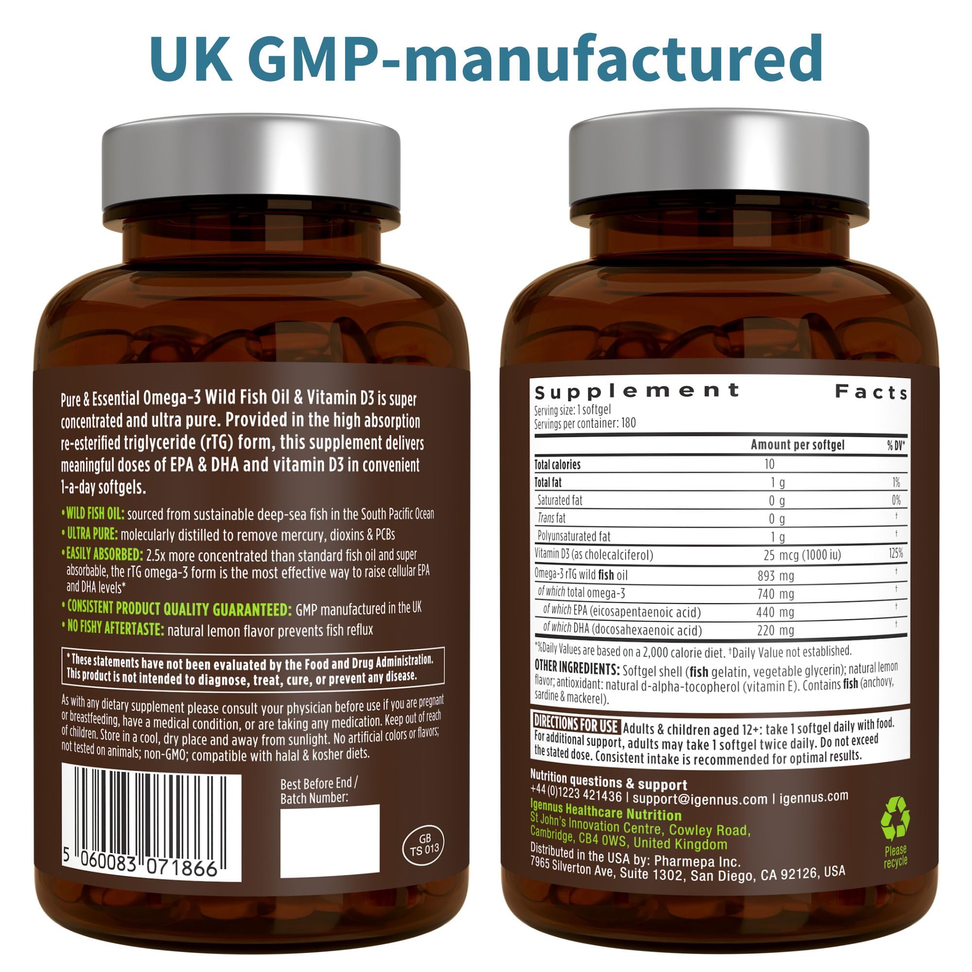 IFOS badge on Igennus Advanced rTG Omega-3 indicating tested purity.