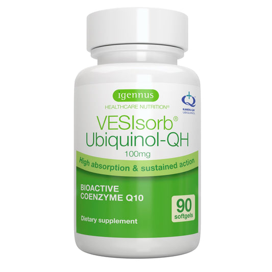 Igennus Advanced VESIsorb Ubiquinol bottle close-up showing easy-to-swallow capsules for daily energy support