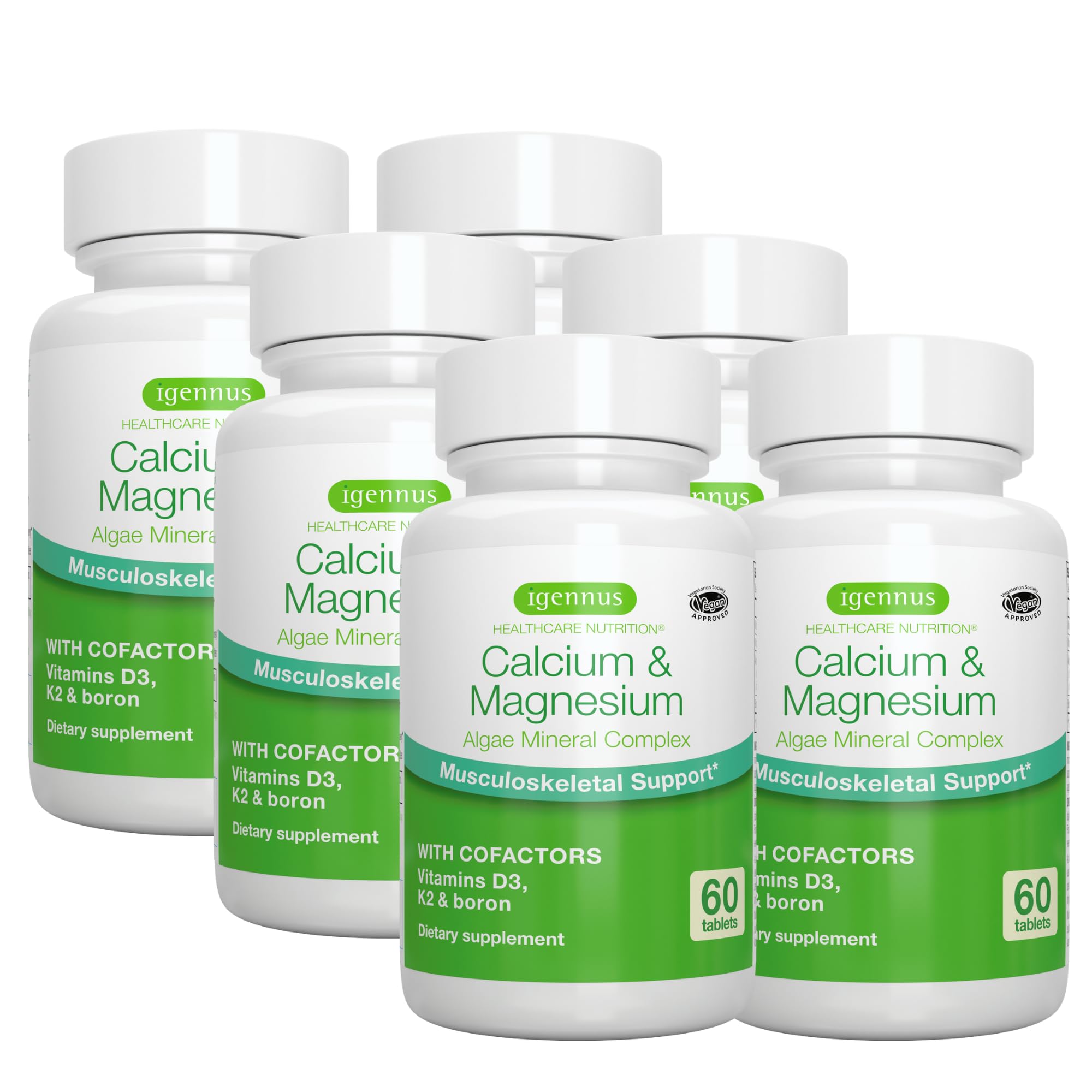 Igennus Algae Calcium & Magnesium bottle close-up, plant-based minerals for bone support.