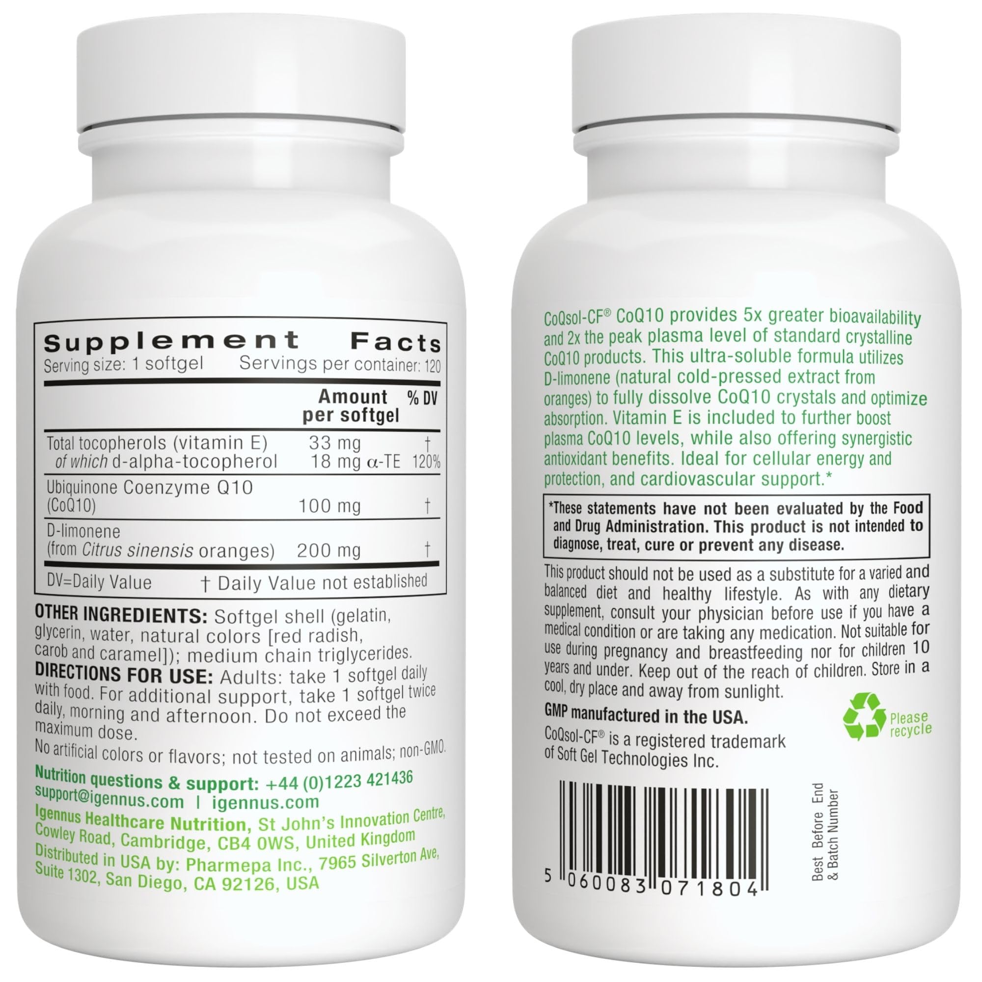 Igennus CoQ10 with Vitamin E illustration signals antioxidant support.