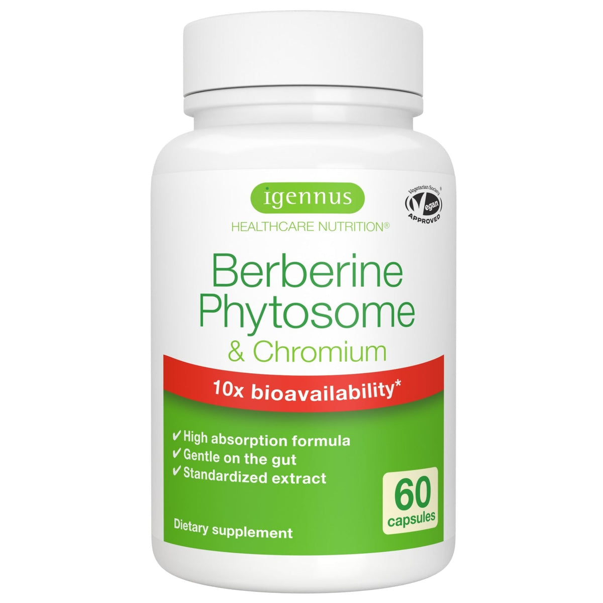 Igennus Dual Action Berberine Phytosome bottle highlights enhanced solubility and 10x absorption.