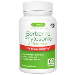 Igennus Dual Action Berberine Phytosome bottle highlights enhanced solubility and 10x absorption.