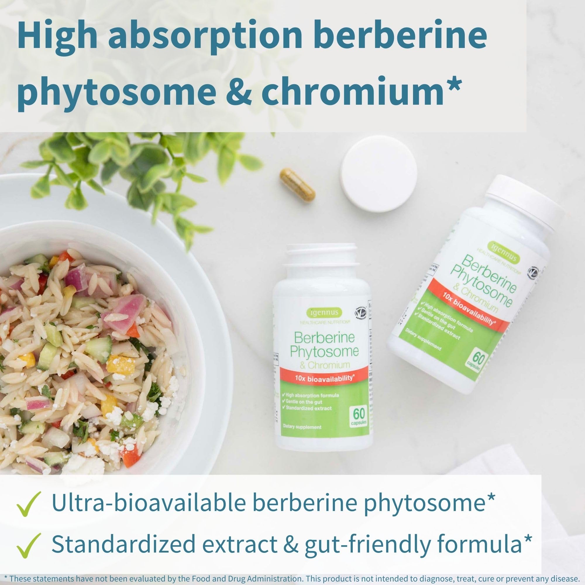 Closeup of Igennus Berberine Phytosome capsules indicating easy, vegan-friendly use.