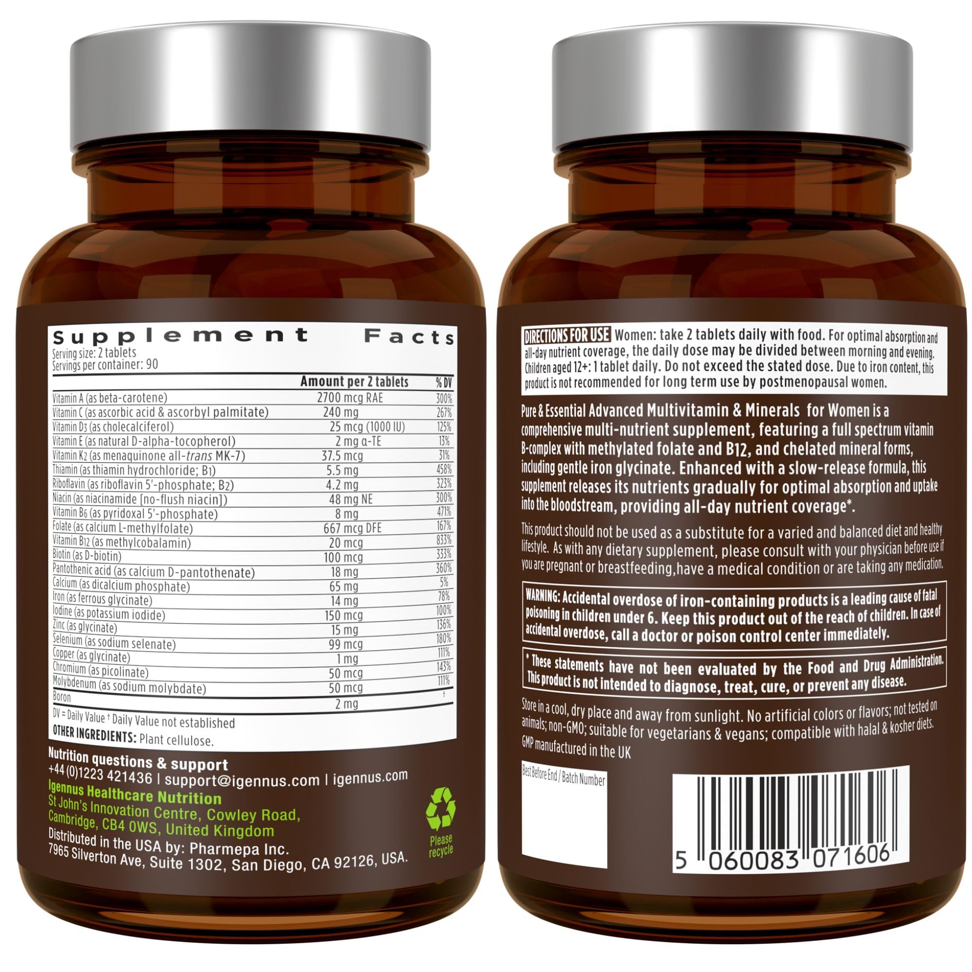 Igennus High Potency Methylated Multivitamin for Women—dosage suggestion, two pills daily.