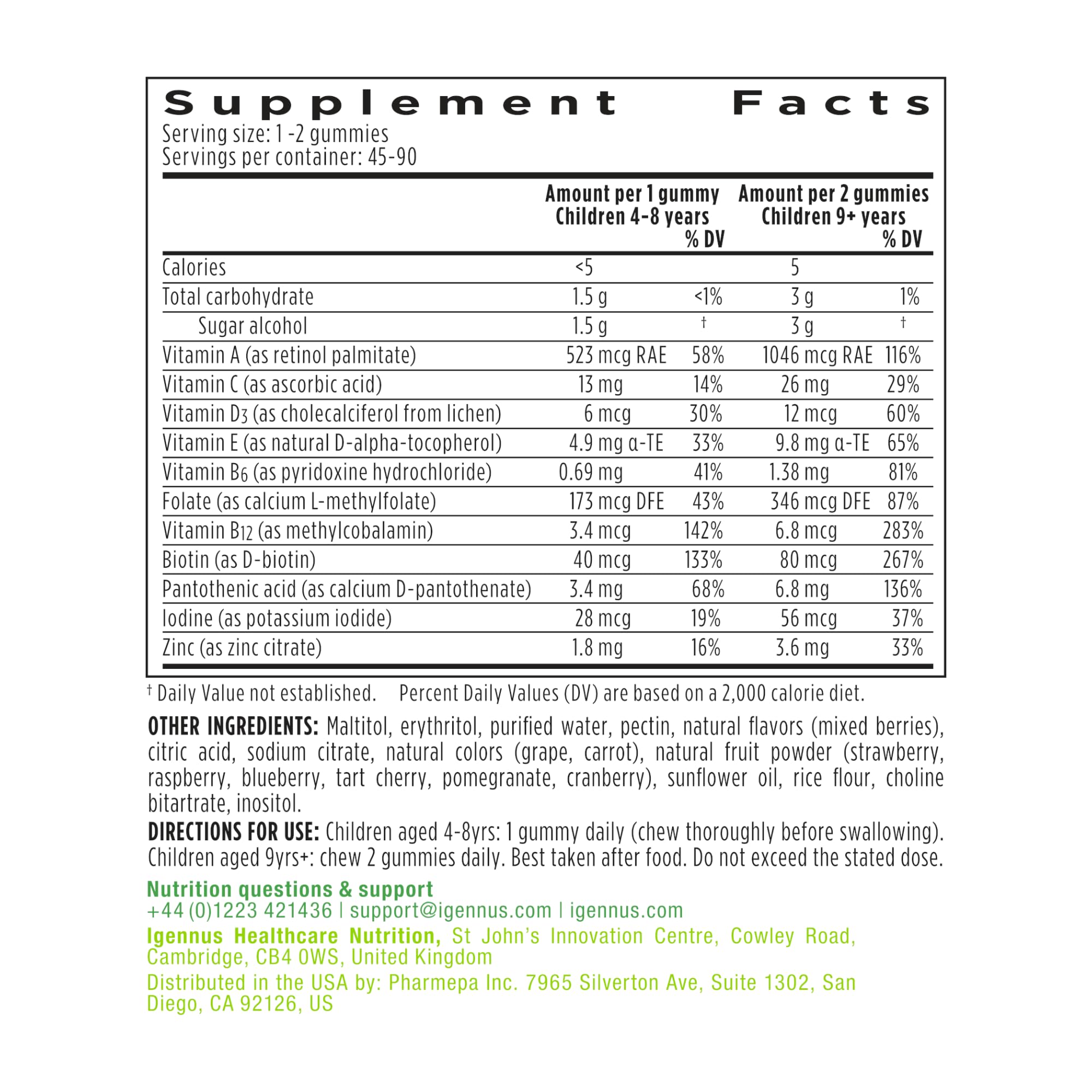 Nutrition label highlight on Igennus Methylated Kids Multivitamin Gummy