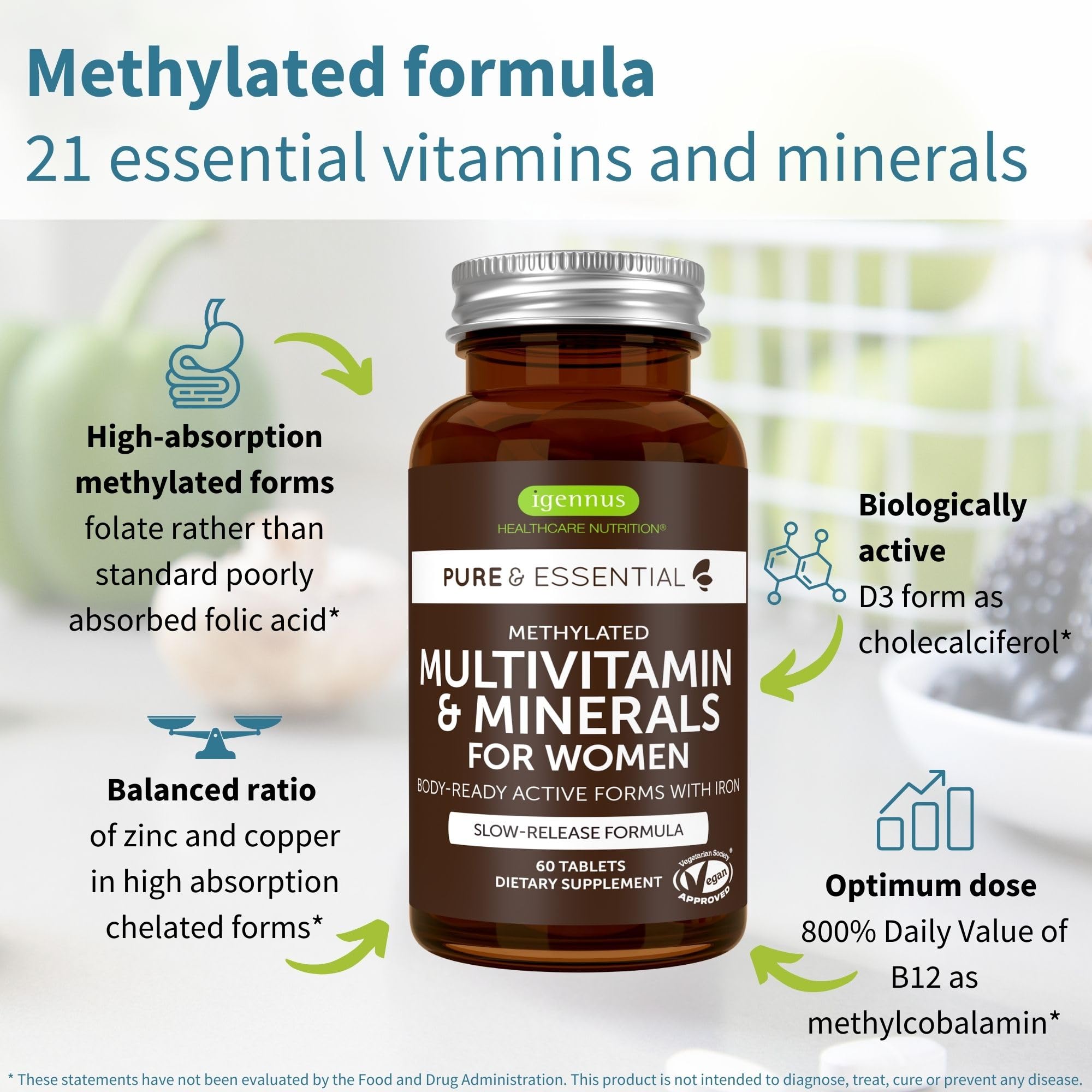 Igennus Methylated Multivitamin label close-up highlighting vegan, non-GMO formula.