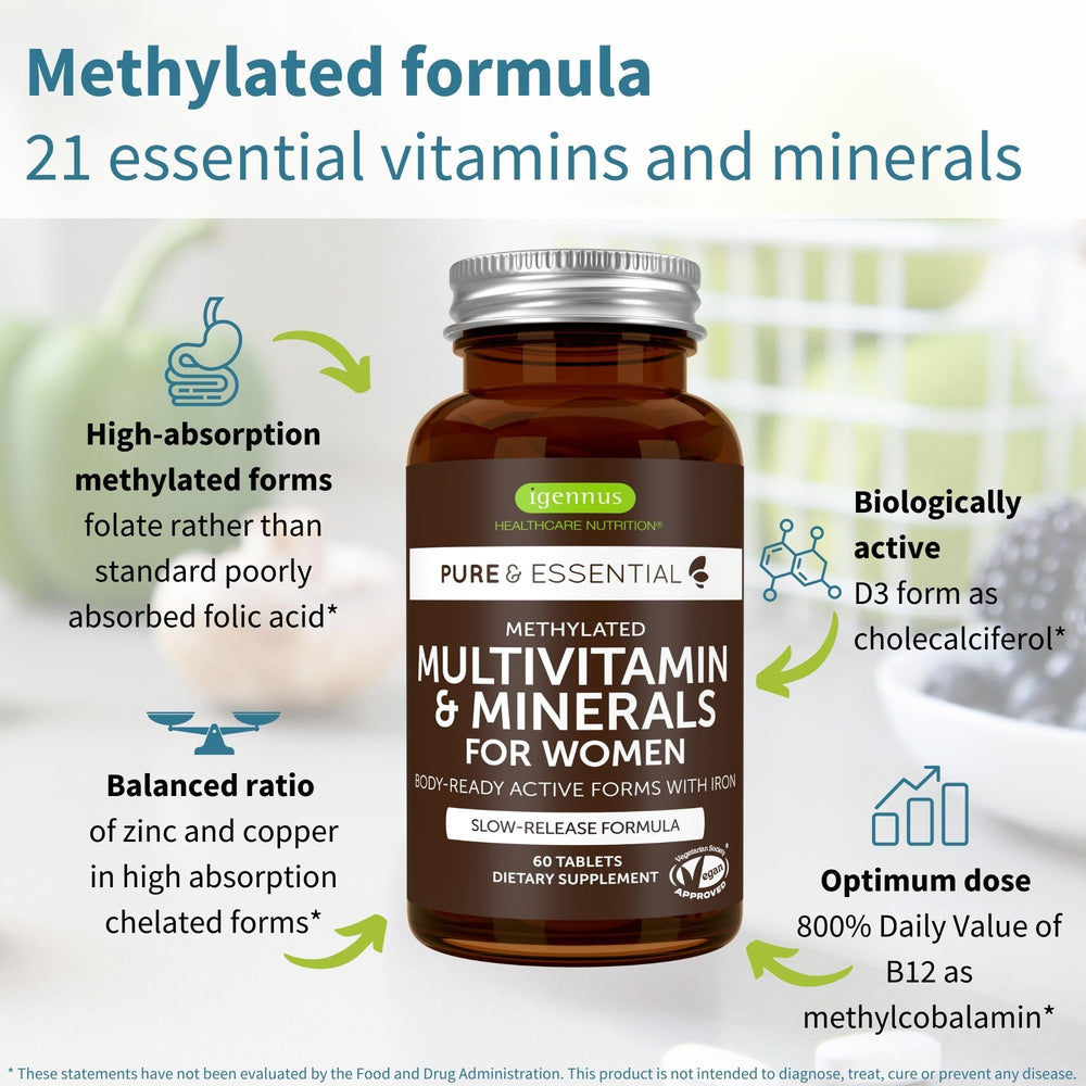 Igennus Methylated Multivitamin label close-up highlighting vegan, non-GMO formula.