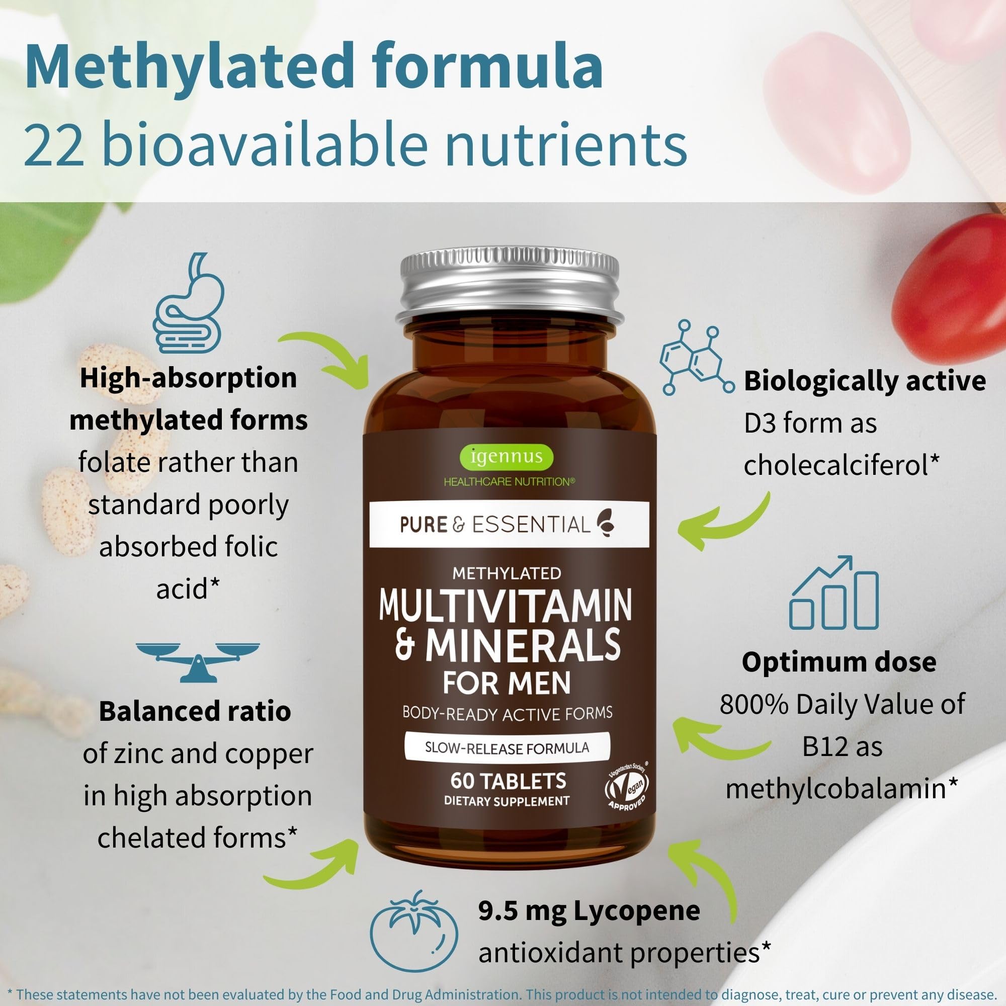 Igennus Methylated Multivitamin tablets close-up showing easy-to-swallow oval shape.
