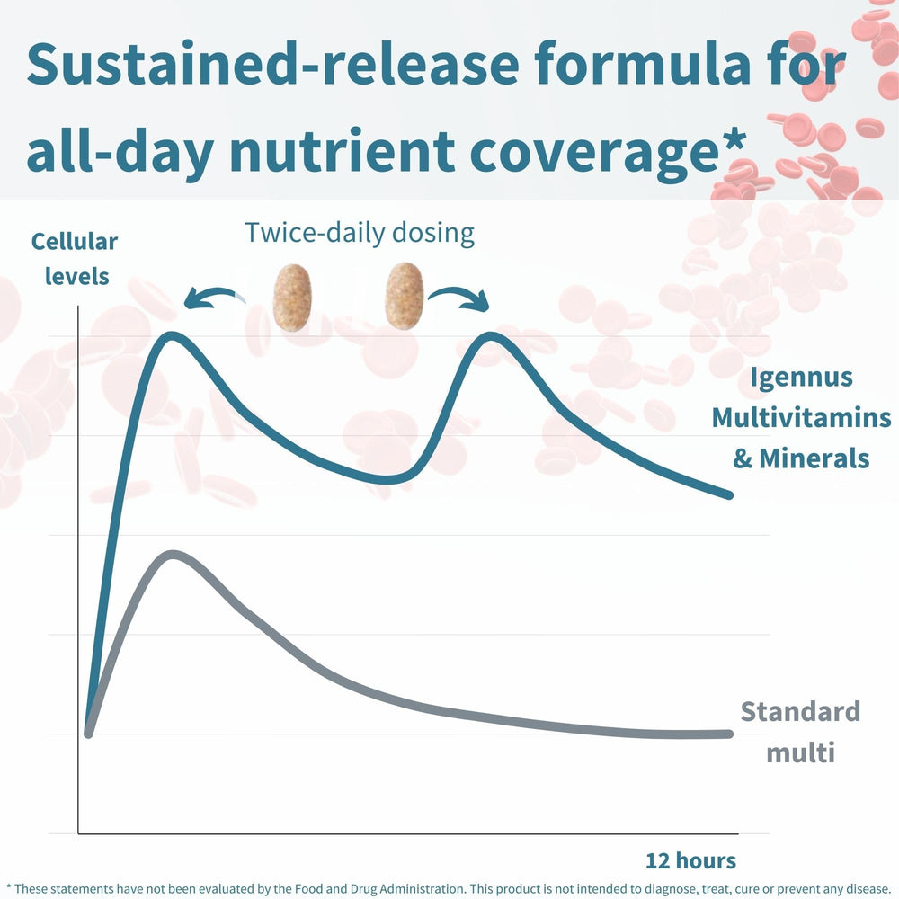 Igennus Methylated Multivitamin twice-daily dosing concept for steady nutrients.