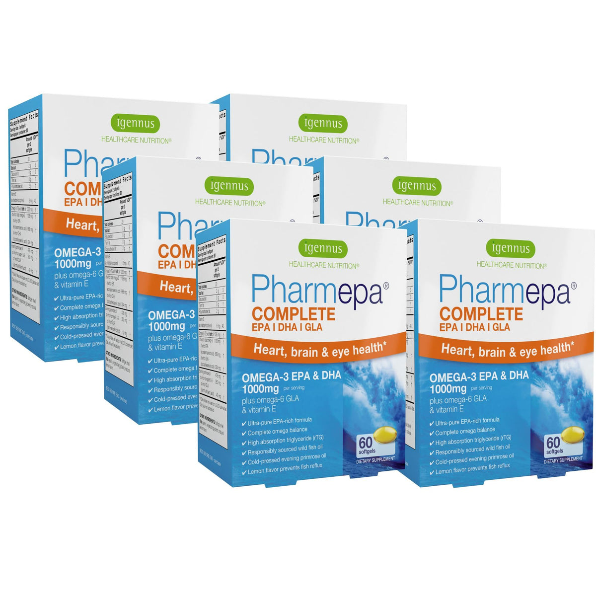 Igennus Pharmepa Complete bottle front shows high potency omega-3 and primrose blend for daily wellness.
