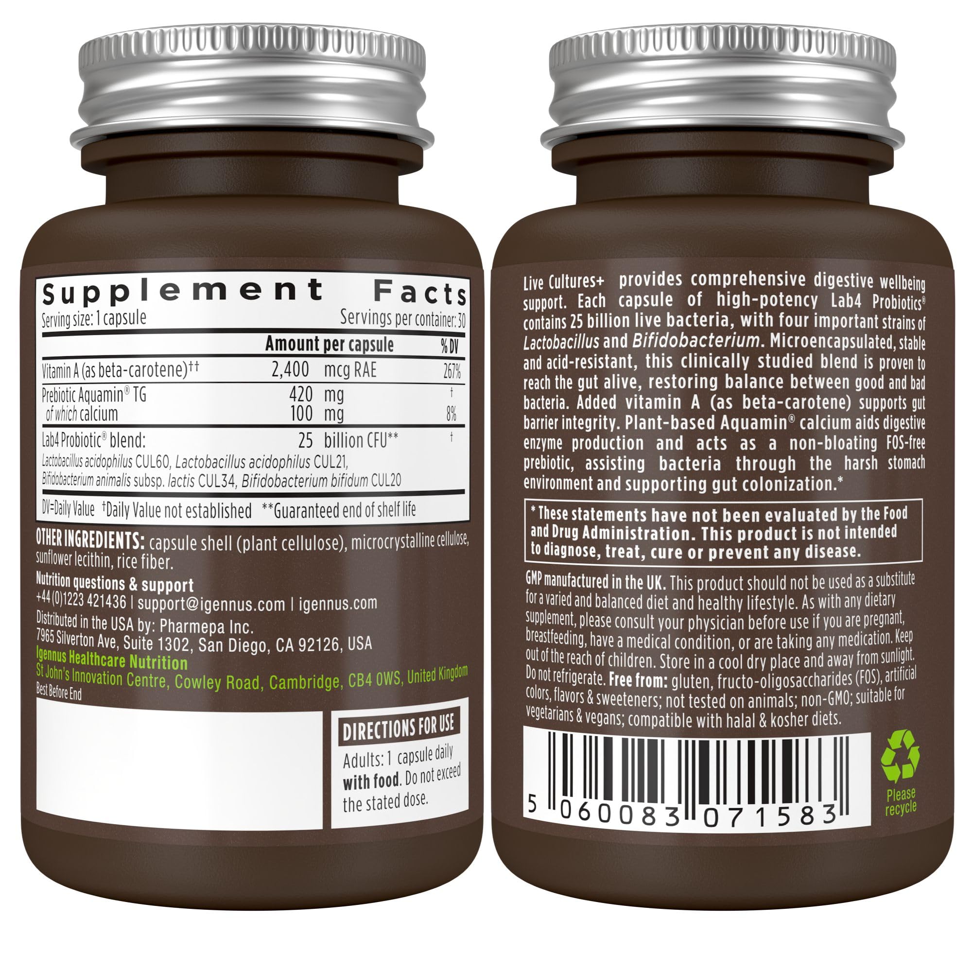 Igennus probiotics room-temperature stability banner indicates no refrigeration required.