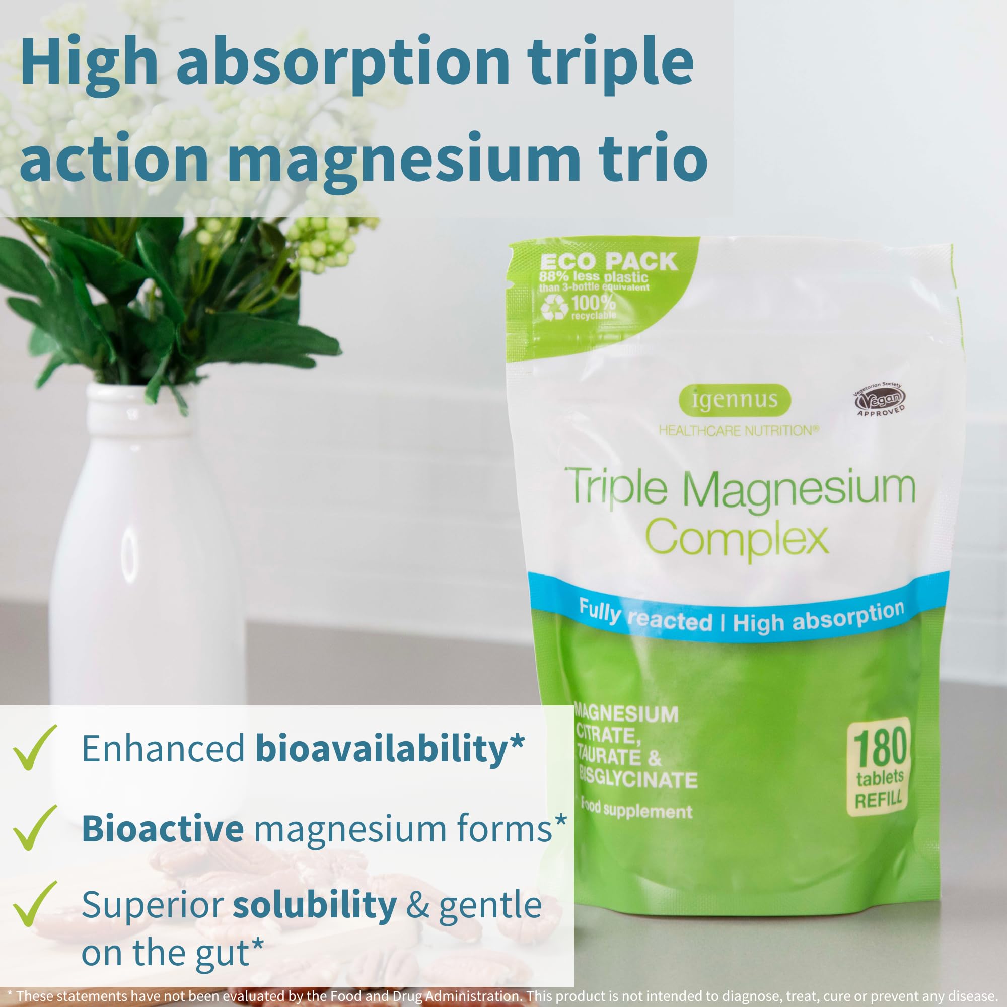 Igennus Superior Triple Magnesium capsules close-up highlighting gentle, non-laxative formula.