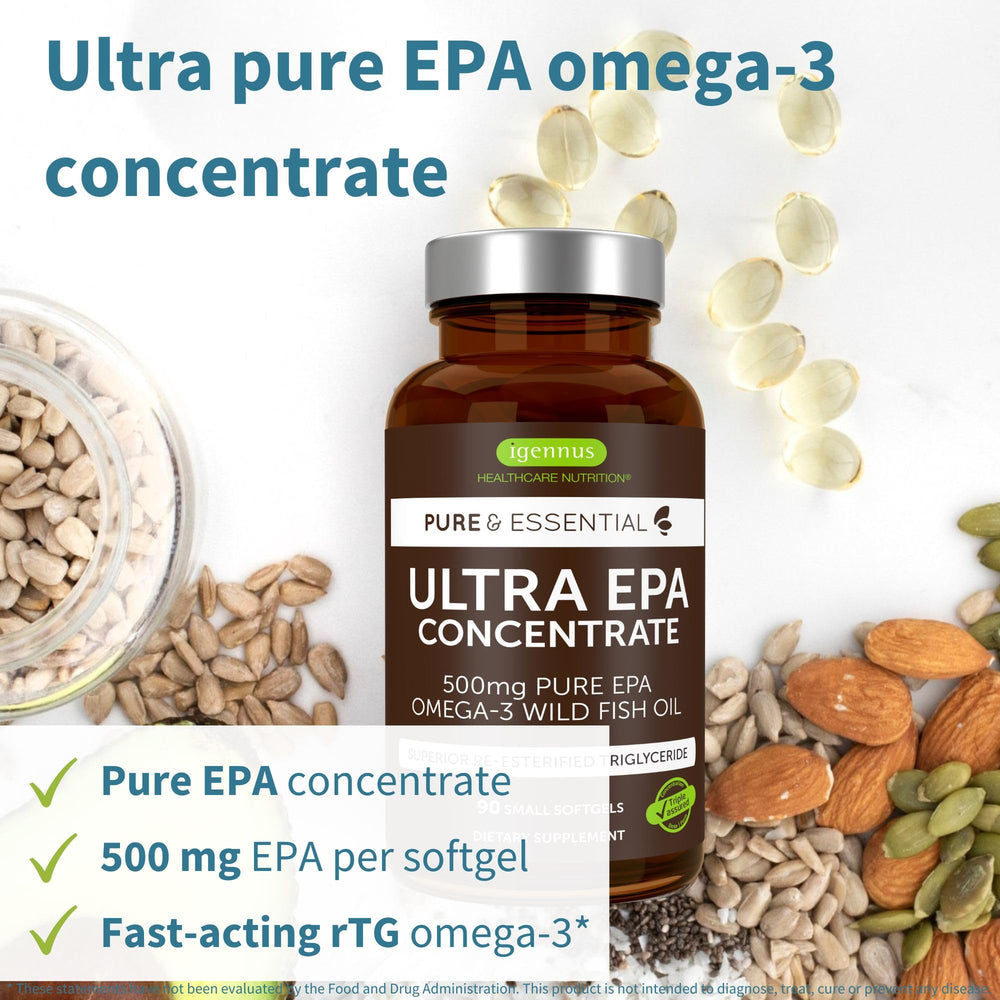 Igennus Ultra Pure Omega-3 EPA softgels close-up with lemon flavor.