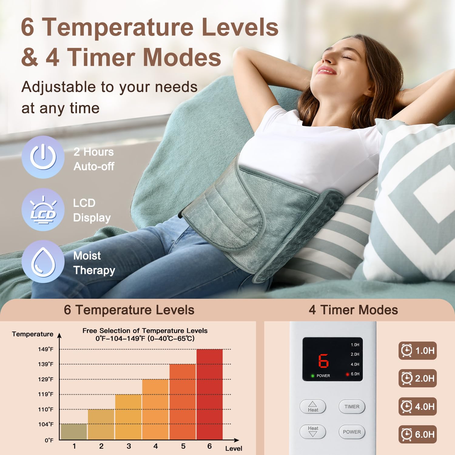 IGXHAVIZ heating pad offers 6 heat levels for customized warmth.