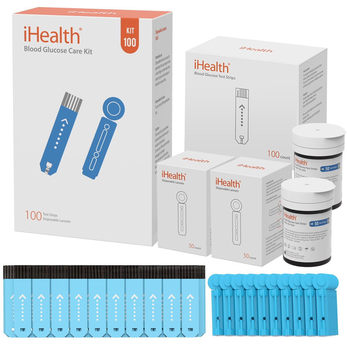 iHealth blood glucose test strips 100-count box for accurate home monitoring.