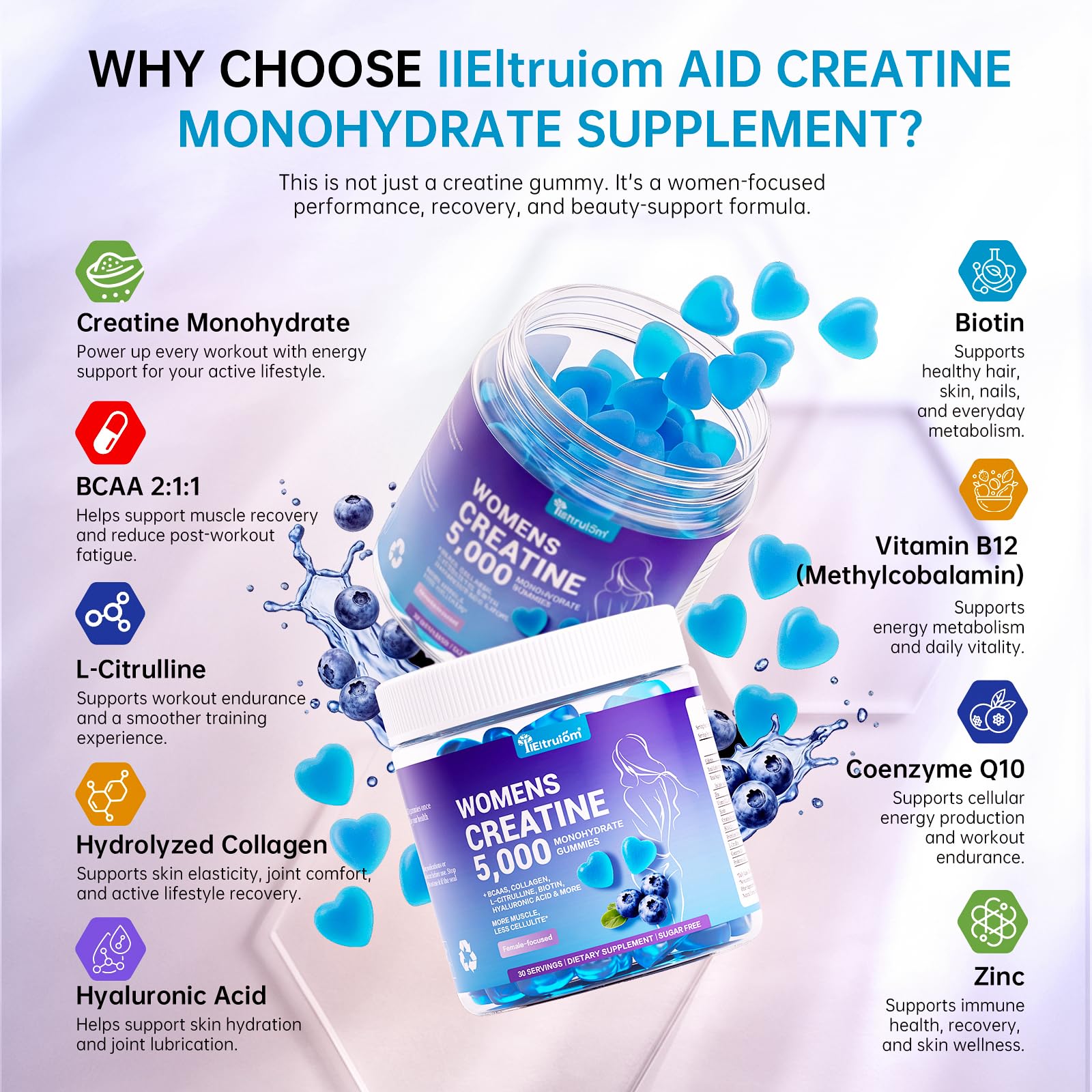 Closeup of IIEltruiom Creatine Gummies highlighting blueberry flavor and chew texture.