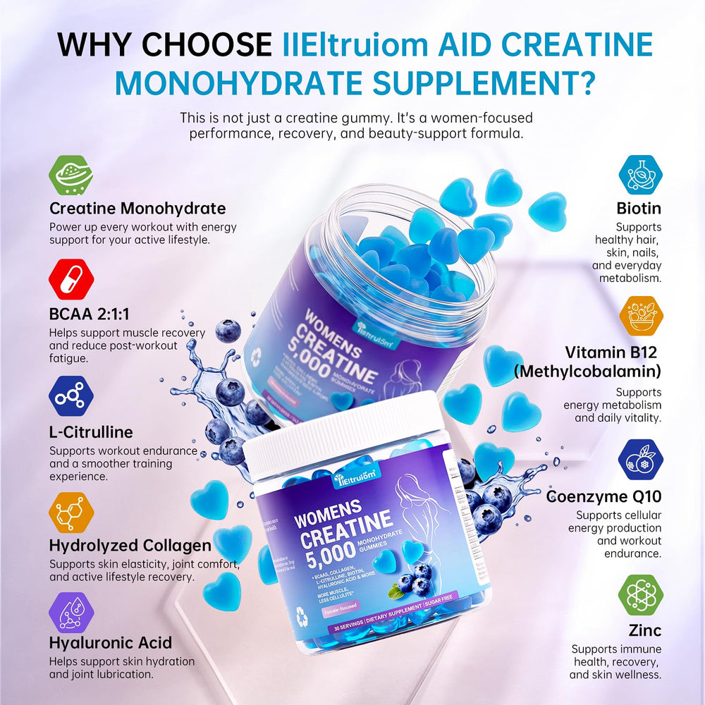 Closeup of IIEltruiom Creatine Gummies highlighting blueberry flavor and chew texture.