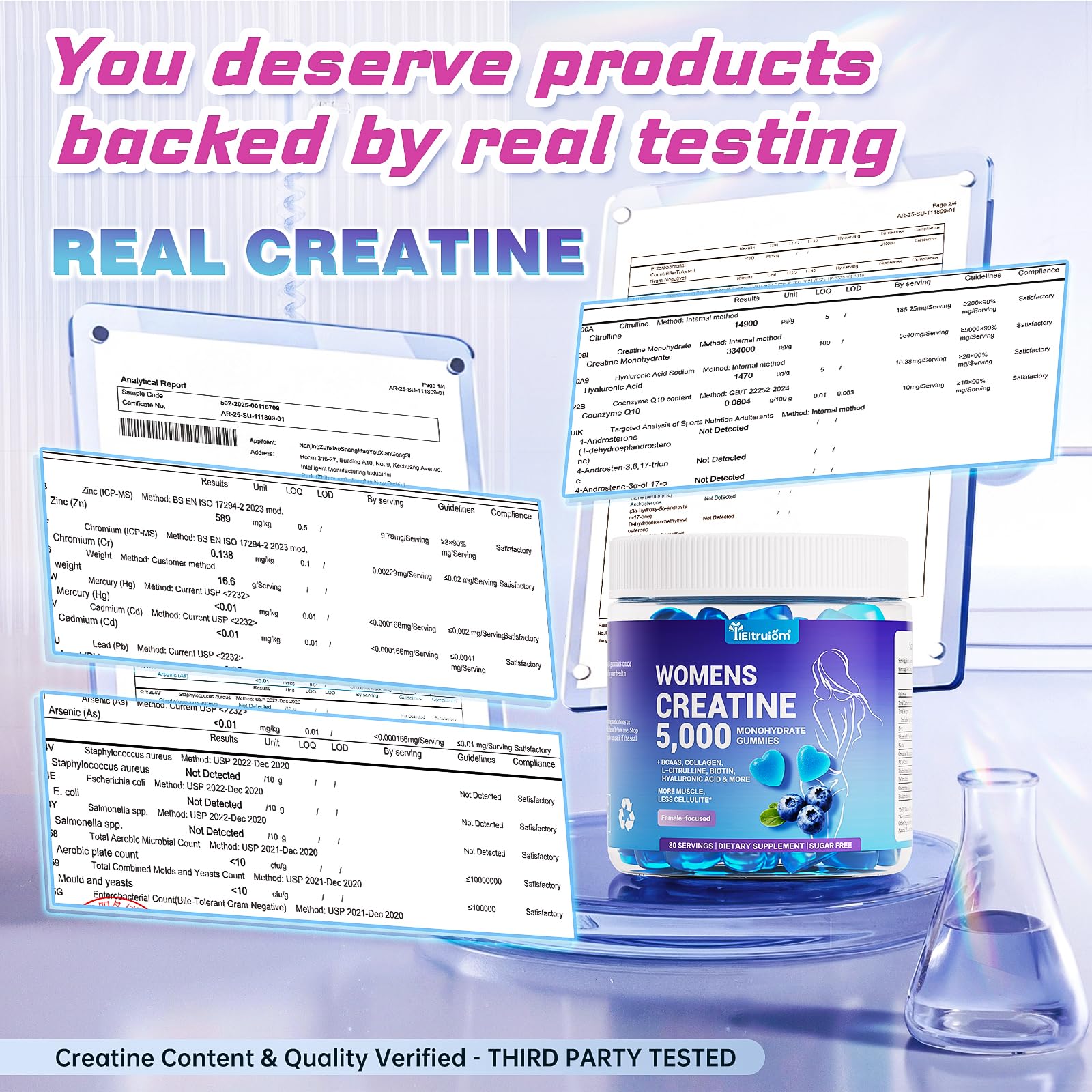 Label detail on IIEltruiom Creatine Gummies showing gluten-free and non-GMO formula.